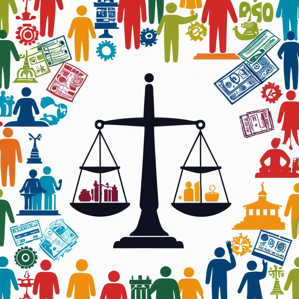 A balanced scale symbolizing equity, with one side holding diverse groups of people, showcasing different professions and backgrounds, while the other side features various market elements like currency, graphs, and icons of trade. The background should depict a harmonious marketplace, blending urban and rural settings. Bright, uplifting colors should be used to evoke a sense of community and equality. super-realistic. vibrant colors. white background.