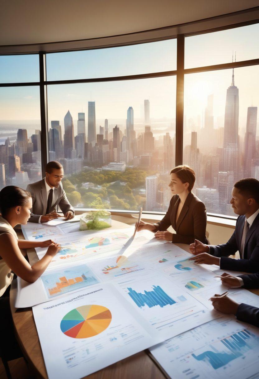 A diverse group of people collaborating over a table filled with charts, graphs, and investment materials, symbolizing equitable investment strategies. The background includes elements like a city skyline and nature, representing growth and balance. Soft light filters through a large window, casting an optimistic glow on the scene. A world map is subtly integrated into the design, signifying global investment opportunities. vibrant colors. super-realistic.